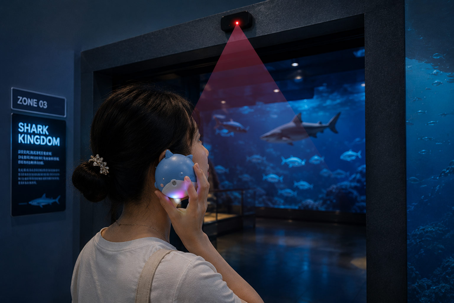 A visitor entering the aquarium with QIBY